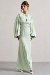Light Green Puff-Sleeve Cut-Out Maxi Dress
